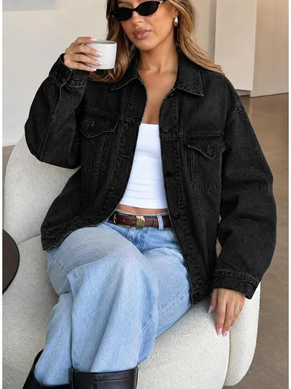 Women's Black Oversized Casual Trucker Jeans Jacket Long Sleeve Button Down Coat